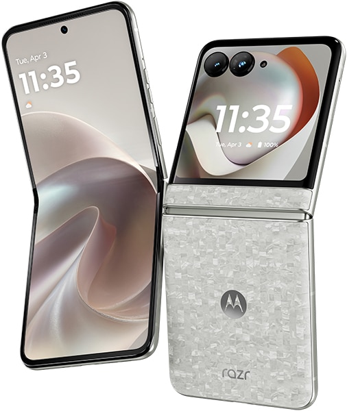 Motorola Razr (2026) foldable phone shown open and closed, displaying flexible screen with time 11:35 and dual rear cameras