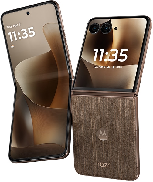 Motorola Razr Ultra (2026) shown open and closed, displaying dual cameras and brown textured back panel with time 11:35 on screens