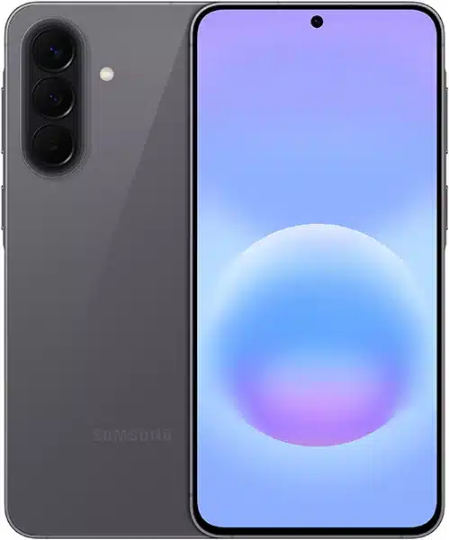 Samsung Galaxy A57 front and rear view, showing dark gray body with triple rear camera module and blue gradient display with centered orb wallpaper