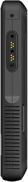 Sonim XP5plus 5G rear view, showing vertical speaker grilles and yellow status indicator lights on black rugged phone body
