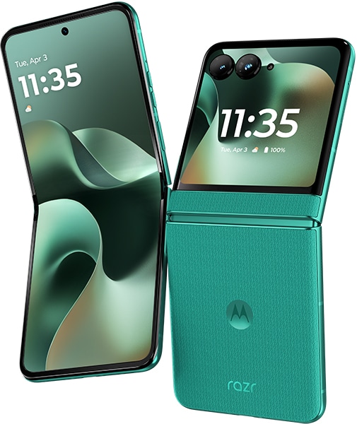 Motorola Razr (2026) in teal, shown open and closed with dual rear cameras and glowing abstract wallpaper on screens