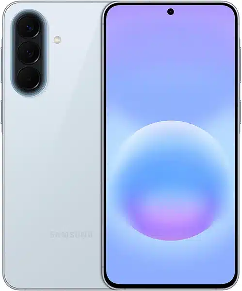 Samsung Galaxy A57 front and rear view, white finish, with triple rear camera and blue-to-purple gradient display
