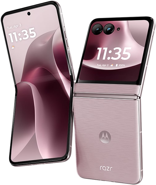 Motorola Razr (2026) foldable phone shown open on left and closed on right, displaying time 11:35 on screens, in pink and black colorway