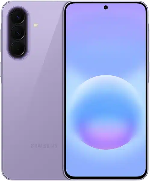 Samsung Galaxy A57 front view with purple finish, triple rear camera, and blue gradient display with glowing sphere wallpaper