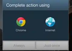 Android dialog showing chrome and internet browser options with "always" and "just once" buttons to set default browser