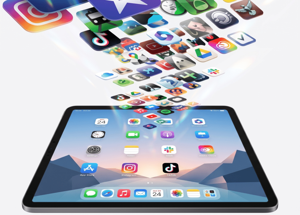 Ipad displaying home screen with app icons floating above, including news and social media apps like instagram and tiktok