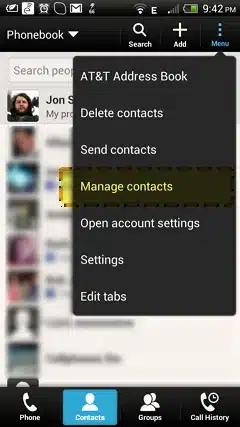 Android phone menu showing at&t address book options including "delete contacts," "send contacts," "manage contacts," and "settings" for importing/exporting contacts