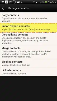 Android manage contacts menu showing import/export contacts option highlighted in yellow, with other contact management features listed below