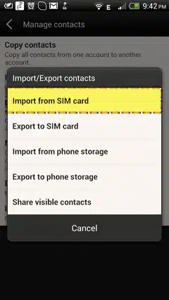Android contacts menu showing import/export options including import from sim card, export to sim card, import from phone storage, and export to phone storage