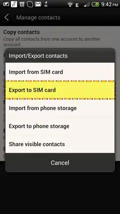 Android manage contacts menu showing import/export options including import from sim card, export to sim card, import from phone storage, and export to phone storage