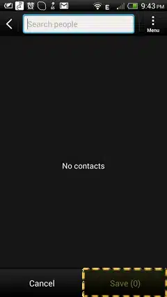Android contacts screen with empty state showing "no contacts" message, search bar at top, and cancel and save buttons at bottom
