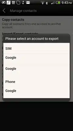 Android contacts export dialog showing account selection options including sim, google, and phone accounts