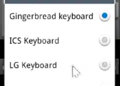 Android keyboard selection menu showing gingerbread, ics, and lg keyboard options with toggle switches