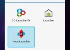 Android home screen showing three launcher app icons: go launcher ex, launcher, and nova launcher with selection highlight