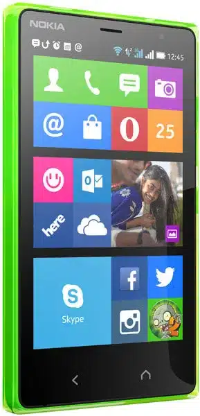 Nokia X2 (2014) smartphone displayed from front, showing colorful Windows-style tile home screen with app icons