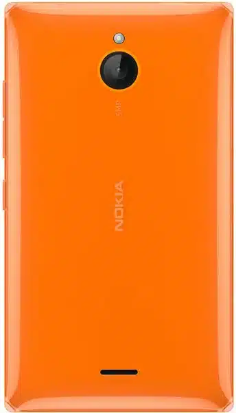 Nokia X2 (2014) rear view in bright orange with circular camera lens and speaker grille centered