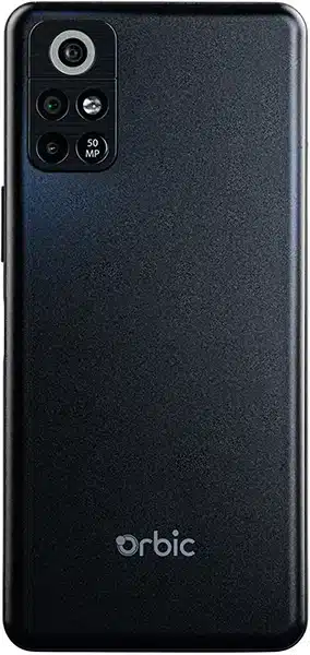 Orbic Trophy 5G rear view, showing dark textured back with camera module and Orbic branding
