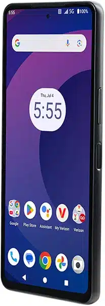 Orbic Trophy 5G smartphone shown front-facing with purple display showing time 5:55, Google search bar, and app icons at bottom