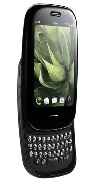 Palm Pre Plus front view with screen on, showing home screen with plant wallpaper and slide-out QWERTY keyboard