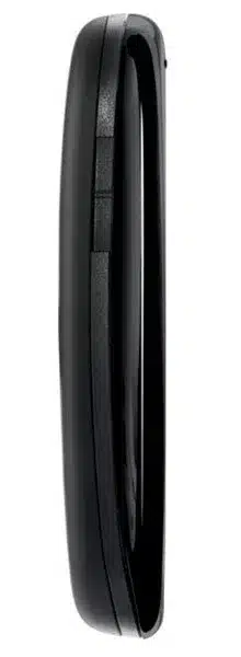 Palm Pre Plus, side view, closed position showing curved black clamshell design with textured back panel