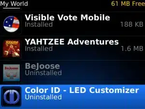 Blackberry app world app list showing installed and uninstalled apps including visible vote mobile, yahtzee adventures, beleuse, and color id