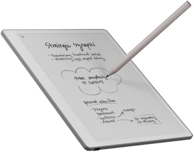 reMarkable Paper Pure tablet displayed at an angle with handwritten notes and a diagram on the screen, stylus resting on the device