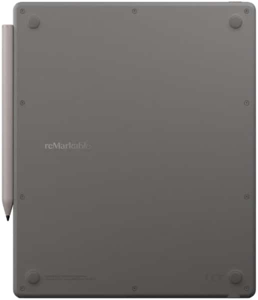 reMarkable Paper Pure tablet shown from rear view with stylus on left side, gray matte back panel visible