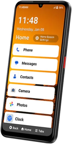 Consumer Cellular Iris Connect smartphone displaying home screen with Phone, Messages, Contacts, Camera, Photos, and Clock app icons