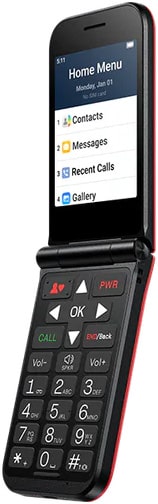 Consumer Cellular Iris Easy Flip 2 phone open, displaying home menu with contacts, messages, recent calls, and gallery options on screen