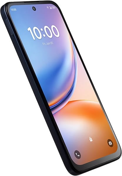 TCL K70 smartphone, front view, displaying home screen with blue-to-orange gradient wallpaper and time 10:00