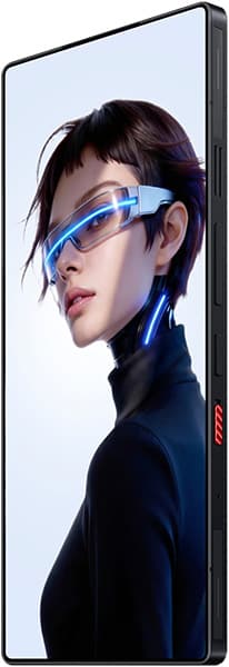 ZTE nubia Red Magic 11S Pro, front view, displaying portrait of person wearing blue-framed glasses on screen