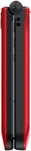 Consumer Cellular Iris Easy Flip 2 phone, open position, showing red exterior with black interior and central hinge