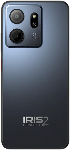 Consumer Cellular Iris Connect 2 smartphone, rear view, showing dual camera system and dark blue finish