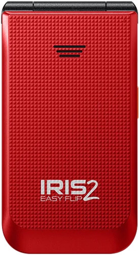 Consumer Cellular Iris Easy Flip 2 red phone, closed position, front view showing textured back cover and branding