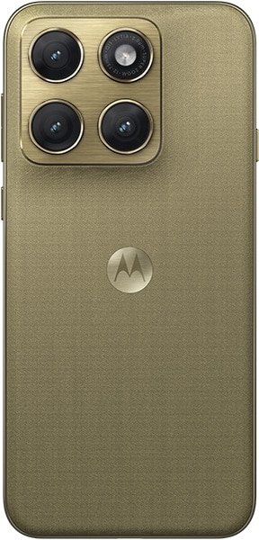 Motorola Edge (2026) smartphone in olive green with quad rear camera array and Motorola logo on back