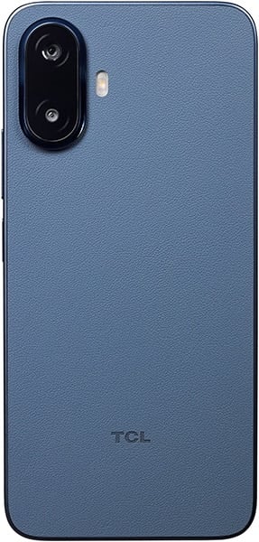 TCL K70 rear view, blue textured back with dual camera module in upper left corner