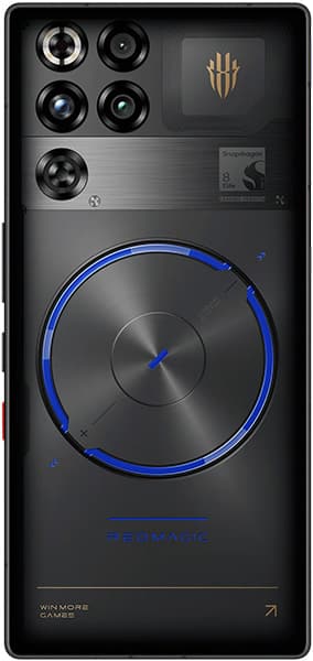 ZTE nubia Red Magic 11S Pro rear view showing quad camera setup, large blue-ringed cooling fan, and gold logo on black background