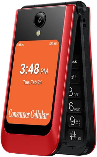 Consumer Cellular Iris Easy Flip 2 open, showing orange screen with time 3:48 PM and keypad visible on right side