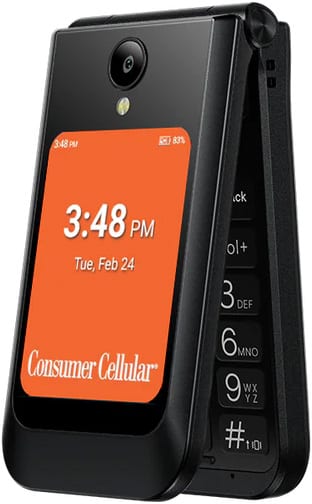 Consumer Cellular Iris Easy Flip 2 phone, open position showing orange screen with time 3:48 PM and keypad visible on back