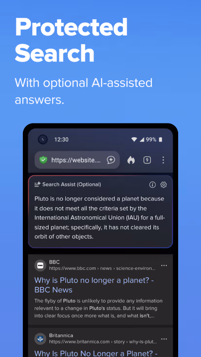 Android browser showing protected search feature with ai-assisted answers about why pluto is no longer a planet, displaying results from bbc and britannica