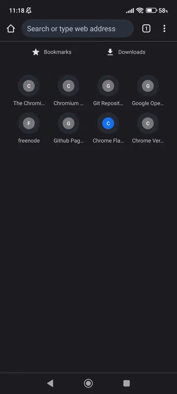 Android browser home screen showing bookmarks and shortcuts including chrome, git repository, google open source, freenode, github pages, chrome flags, and chrome versions