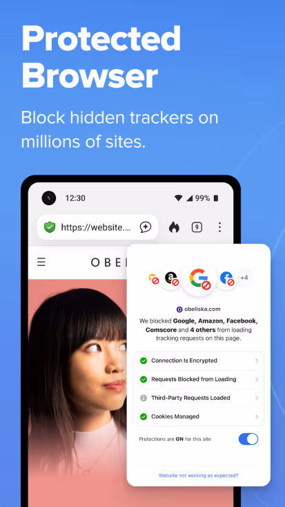 Android browser showing tracker blocking dashboard with blocked trackers from google, amazon, facebook, and others, encryption status, and cookie management controls