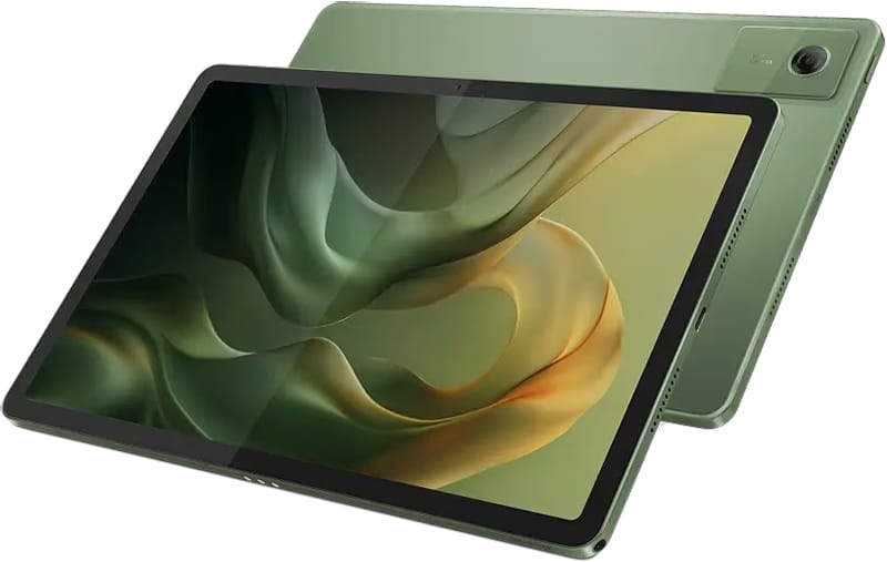 Motorola Moto Pad (2026) in sage green, three-quarter view showing front screen with abstract green and yellow wallpaper and rear camera