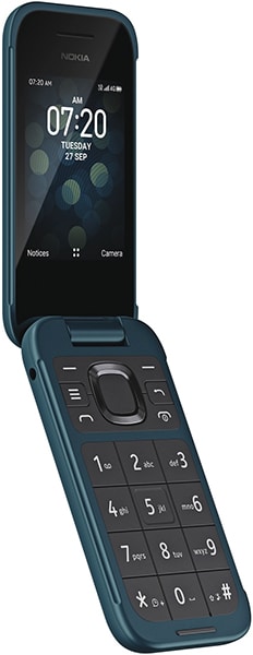 Nokia 2760 Flip phone, open position showing external display and numeric keypad, dark teal color