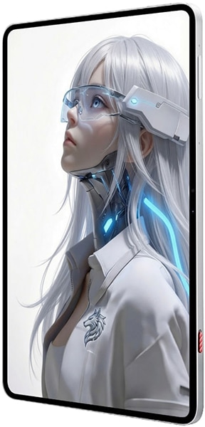 Nubia Red Magic Astra 2 phone displayed at an angle, showing its screen with an illustrated character with silver hair and futuristic headgear against a white background
