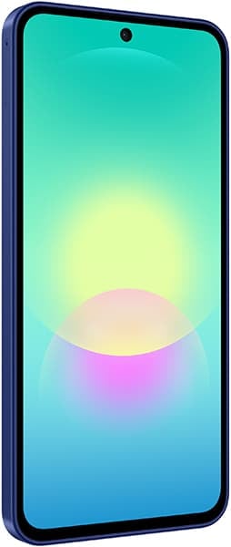 Samsung Galaxy A27 front view, dark blue, displaying gradient wallpaper with turquoise, yellow, pink, and blue colors