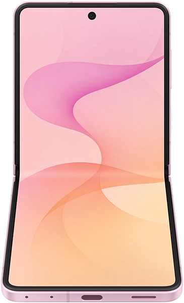 Samsung Galaxy Z Flip8 in pink, displayed open with abstract gradient wallpaper on screen