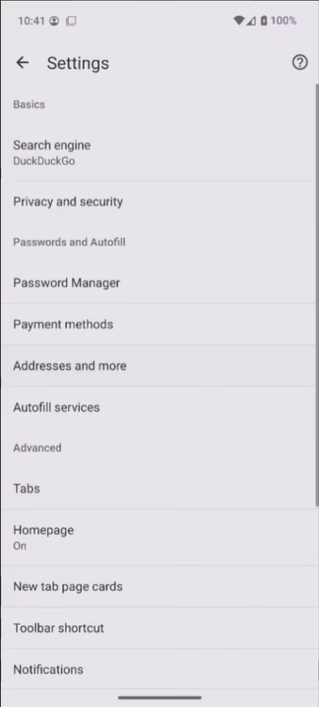 Android browser settings menu showing options for search engine, privacy and security, passwords, payment methods, and other configurations