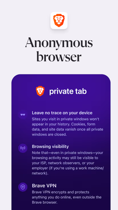 Brave browser's private tab features: leave no trace on your device, browsing visibility disclaimer, and brave vpn encryption protection