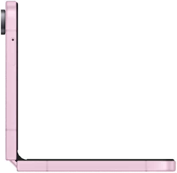 Samsung Galaxy Z Flip8 in pink, shown from the side in open position with black hinge visible